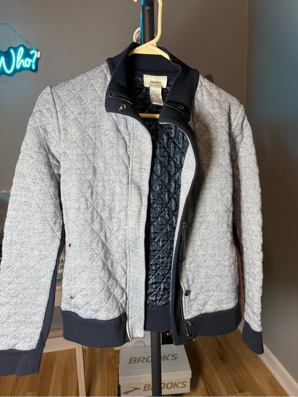 Neiman Marcus Quilted Bomber Jacket - Light Gray with Black Trim